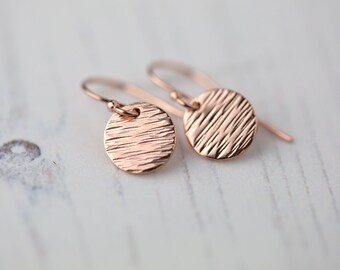 Small Textured Rose Gold Earrings, Simple Handmade Jewelry for Her, Minimalist Rose Gold Dangle Earrings, Gift for Mom, Sister, Friend