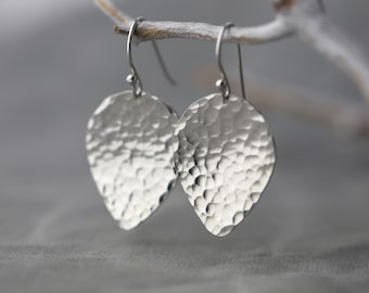 Hammered Sterling Silver Petal Earrings • Minimalist Dangle Drop Earrings