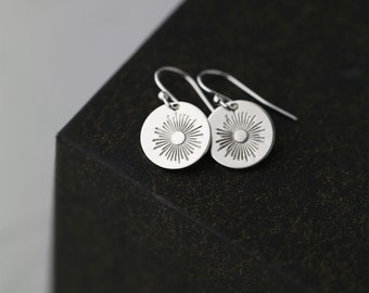 Silver Sunburst Earrings Dangle • Minimalist Hand Stamped Sterling Silver Disc Sun Earrings • Handmade Jewelry by Burnish