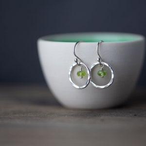 Sterling Silver Peridot Earrings, Hammered Circle Dainty Earrings, Green Gemstone Jewelry, Birthday Gift Idea for Her