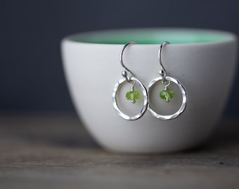 Sterling Silver Peridot Earrings, Hammered Circle Dainty Earrings, Green Gemstone Jewelry, Birthday Gift Idea for Her