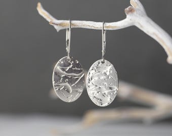 Organic Textured Sterling Silver Oval Earrings • Silver Lever-back Earrings with Glacial Ice Texture • Handmade Jewelry by Burnish