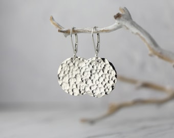 Large Hammered Silver Earrings Dangle, Minimalist Sterling Silver Disc Statement Earrings, Gift for Her