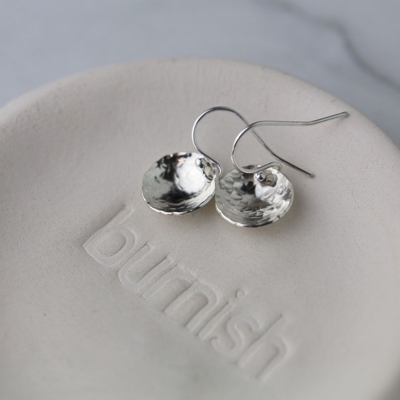 Hammered Sterling Silver Earrings Handmade Minimalist Domed Earrings Handmade Gifts for Her Simple Disc Earrings Dangle Drop image 3