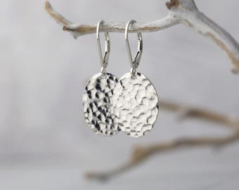 Hammered Silver Oval Earrings Lever-back • Minimalist Sterling Silver Disc Dangle Leverback Earrings