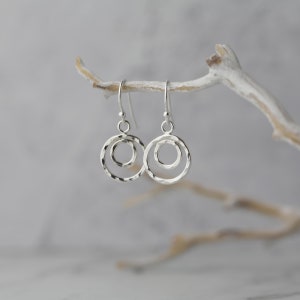 Double Circle Sterling Silver Lever-back Earrings Simple Silver Hammered Dainty Dangle Earrings Minimalist Jewelry Standard