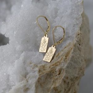 Tiny Wildflower Gold Filled Earrings Small Dainty Minimalist Nature Hand Stamped Leaf Dangle Lever-back Earrings image 6