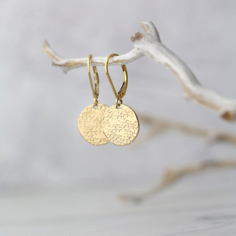 Gold Textured Earrings Lever-back, Minimalist Hammered Gold Filled Dangle Leverback Earrings, Gold Jewelry Gift for Her image 4