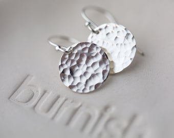 Hammered Sterling Silver Earrings Handmade • Minimalist Earrings • Handmade Gifts for Her • Simple Sterling Silver Disc Earrings Dangle