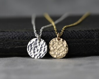 Hammered Disc Pendant Necklace in Sterling Silver or Gold Filled • Minimalist Handmade Jewelry by Burnish