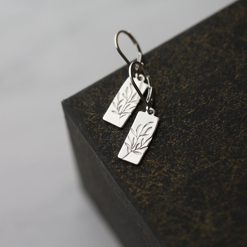 Willow Leaves Lever-back Earrings in Sterling Silver Small Hand Stamped Dainty Minimalist Nature Dangle Earrings image 6