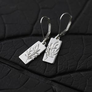 May include: A pair of silver earrings with a rectangular pendant featuring an engraved botanical design. The earrings have a lever-back closure. The design on each pendant is a detailed depiction of leaves and stems.