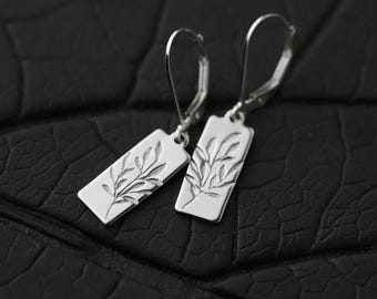 Willow Leaves Lever-back Earrings in Sterling Silver • Small Hand Stamped Dainty Minimalist Nature Dangle Earrings