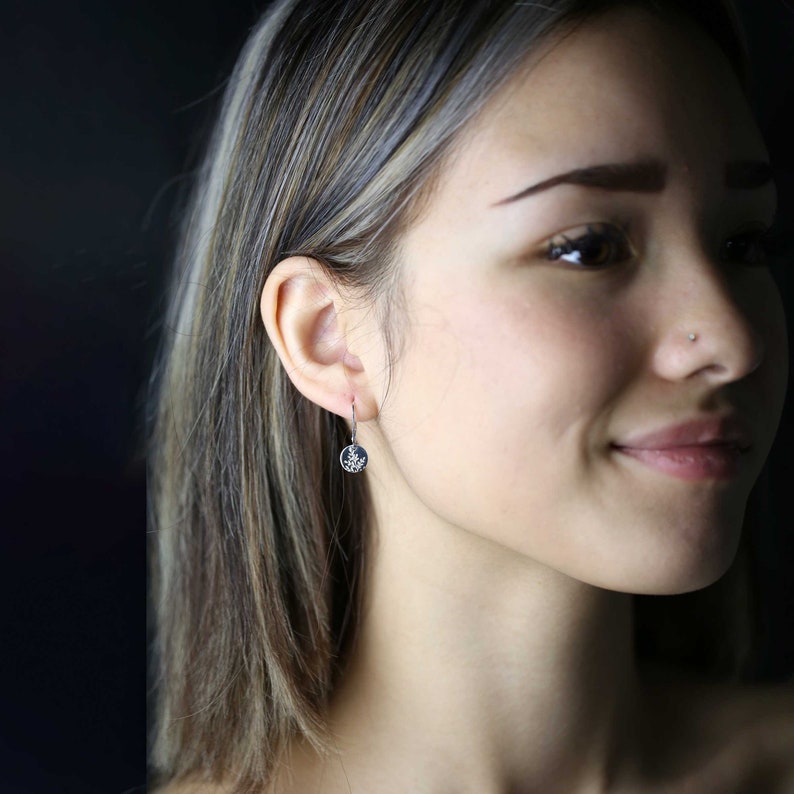 Tiny Hand Stamped Wildflower Lever-back Earrings in Sterling Silver Dainty Minimalist Nature Dangle Disc Earrings image 2