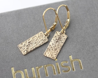 Hand Textured Gold Everyday Leverback Dangle Earrings • Dainty Raw Silk Texture Gold Filled Jewelry Handmade by Burnish