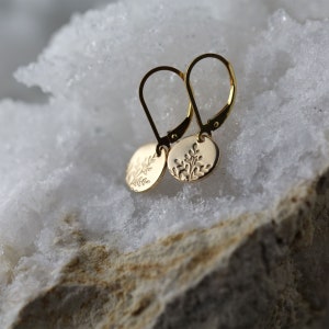 Tiny Hand Stamped Wildflower Lever-back Earrings in Gold Filled Dainty Minimalist Nature Dangle Disc Earrings image 2