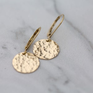 Hammered Gold Earrings Lever-back, Minimalist Gold Filled Disc Dangle Leverback Earrings, Gold Jewelry Gift for Her image 4