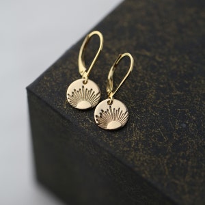 Mini New Day Sunrise Earrings Lever-back • Hand Stamped New Beginnings Gift • Tiny Gold Filled Lever-back Earrings by Burnish