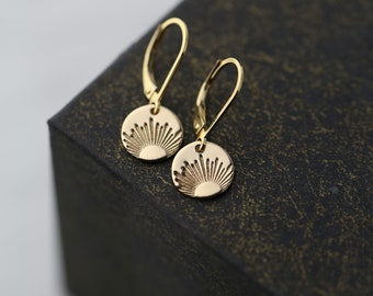 Mini New Day Sunrise Earrings Lever-back • Hand Stamped New Beginnings Gift • Tiny Gold Filled Lever-back Earrings by Burnish