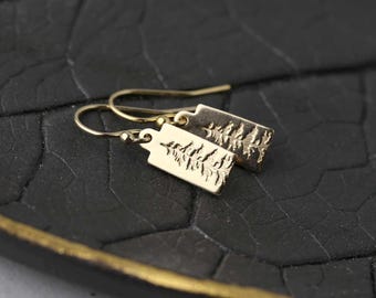 Tiny Pine Tree Gold Filled Earrings • Nature Inspired Hand Stamped Evergreen Fir Forest Jewelry