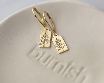 Tiny Gold Filled Tree Lever-back Earrings • Hand Stamped Small Dainty Minimalist Nature Dangle Leverback Earrings