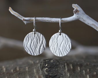 Sterling Silver Wave Texture Disc Earrings • Minimalist Dangle Lightweight Leverback Earrings by Burnish