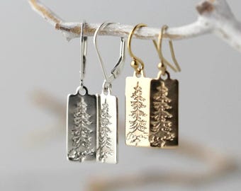 Hand Stamped Evergreen Tree Earrings • Sterling Silver or Gold Filled • Alaskan Made by Burnish