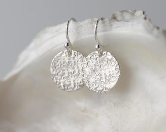 Hammered Raw Silk Texture Silver Dangle Earrings • Minimalist Sterling Silver Disc Earrings