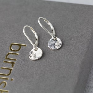 Tiny Stamped Leaf Earrings with Lever-back Ear Wires in Sterling Silver •  Women's Earrings Handmade by Burnish