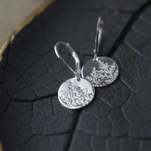 Hand Stamped Wildflower Lever-back Earrings in Sterling Silver • Dainty Minimalist Nature Dangle Disc Earrings