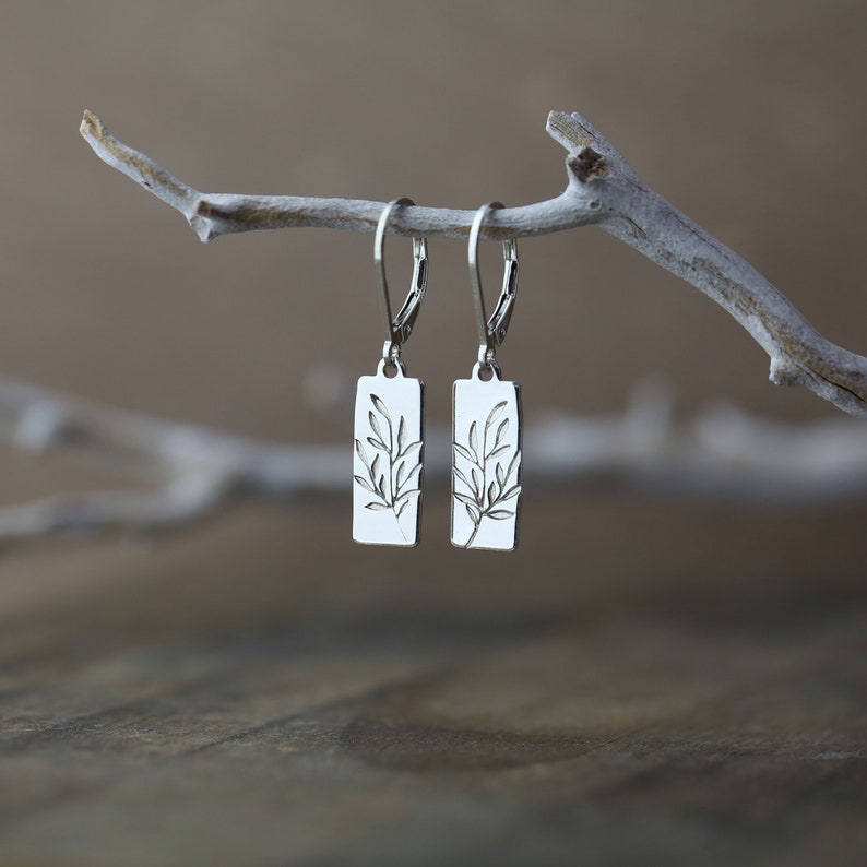 Willow Leaves Lever-back Earrings in Sterling Silver Small Hand Stamped Dainty Minimalist Nature Dangle Earrings image 2