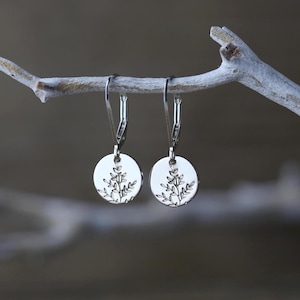 Tiny Handmade Wildflower Lever-back Earrings in Sterling Silver • Dainty Spring-Inspired Minimalist Nature Dangle Disc Earrings by Burnish