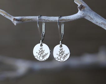 Tiny Handmade Wildflower Lever-back Earrings in Sterling Silver • Dainty Spring-Inspired Minimalist Nature Dangle Disc Earrings by Burnish