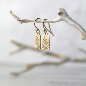 Tiny Wildflower Gold Filled Earrings Small Dainty Minimalist Nature Hand Stamped Leaf Dangle Lever-back Earrings image 3