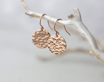 Hammered Rose Gold Earrings Handmade, Minimal Rose Gold Filled Handmade Jewelry, Gift for Women