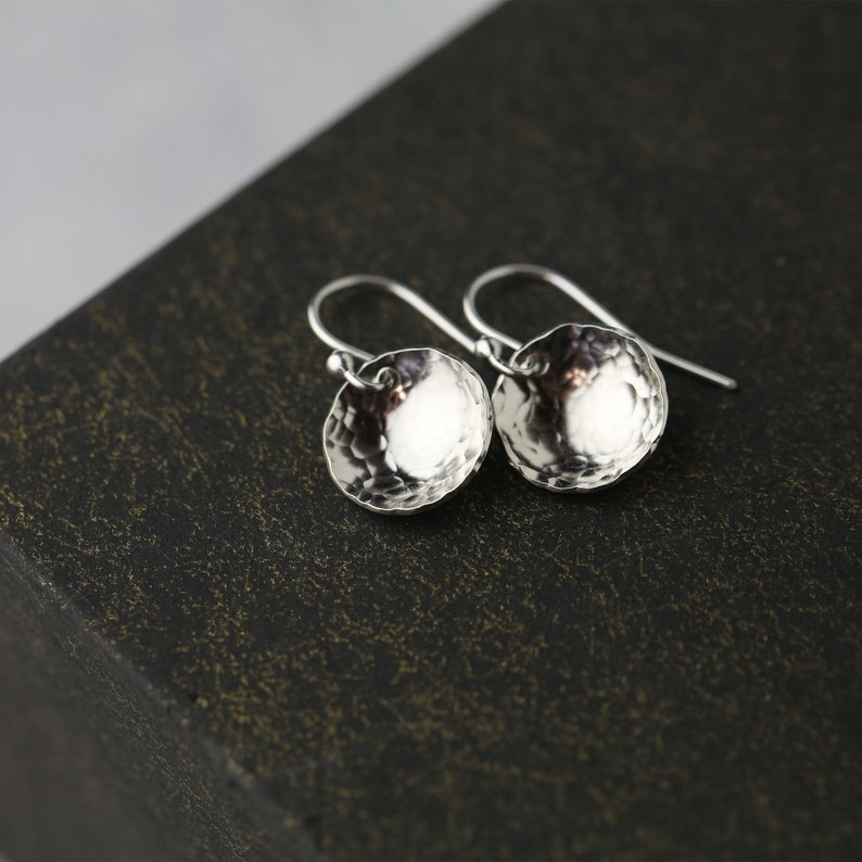 Hammered Sterling Silver Earrings Handmade Minimalist Domed Earrings Handmade Gifts for Her Simple Disc Earrings Dangle Drop image 5