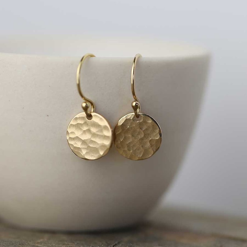 Tiny Hammered Gold Disk Earrings Small Dainty Minimalist Earrings Minimal Gold Filled Earrings image 3