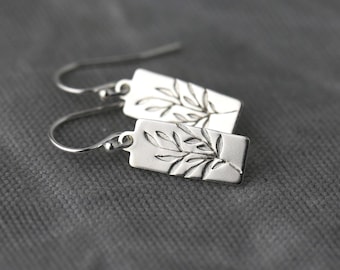 Willow Leaf Earrings in Sterling Silver • Small Hand Stamped Dainty Minimalist Nature Dangle Earrings