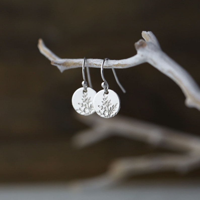 Tiny Hand Stamped Wildflower Silver Earrings Dainty Minimalist Nature Dangle Disc Leaf Earrings Handmade Jewelry by Burnish image 2