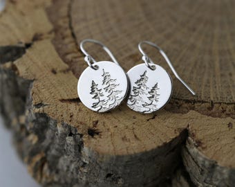 Hand Stamped Sterling Silver Tree Earrings: Minimalist Nature Jewelry Handmade in Alaska by Burnish