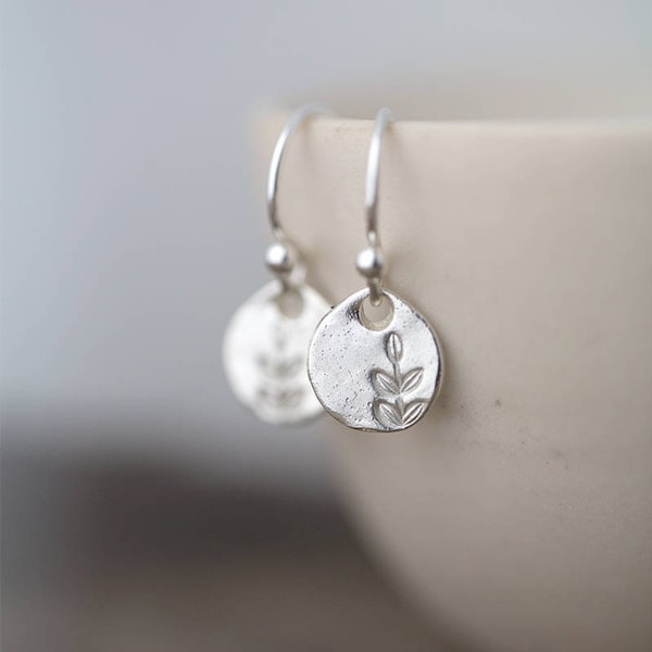 Tiny Dainty Leaf Earrings Sterling Silver • Silver Dangle Earrings Handmade Hand Stamped Jewelry for Women