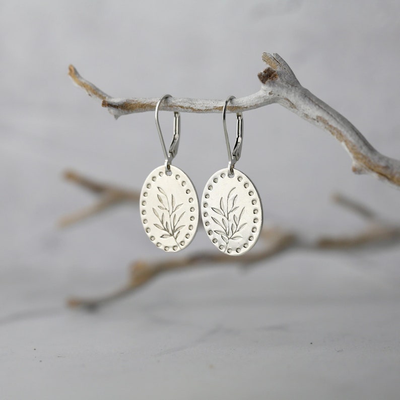 Silver Leaf Oval Earrings Minimalist Hand Stamped Sterling Silver Botanical Dangle Lever back Earrings Jewelry Made in Alaska image 6