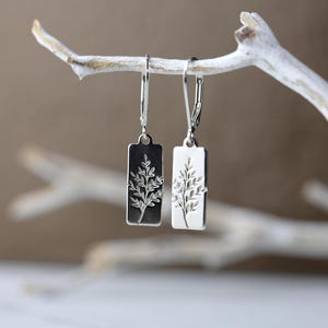 Stamped Wildflower Lever-back Earrings in Sterling Silver • Small Dainty Minimalist Nature Dangle Earrings by Burnish