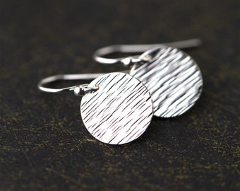Simple Modern Hammered Silver Earrings Dangle • Minimalist Sterling Silver Disc Earrings Leverback • Handmade Nature Inspired Jewelry