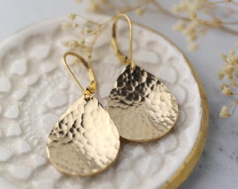 Hammered 14K Gold Filled Teardrop Earrings • Minimalist Dangle Drop Earrings