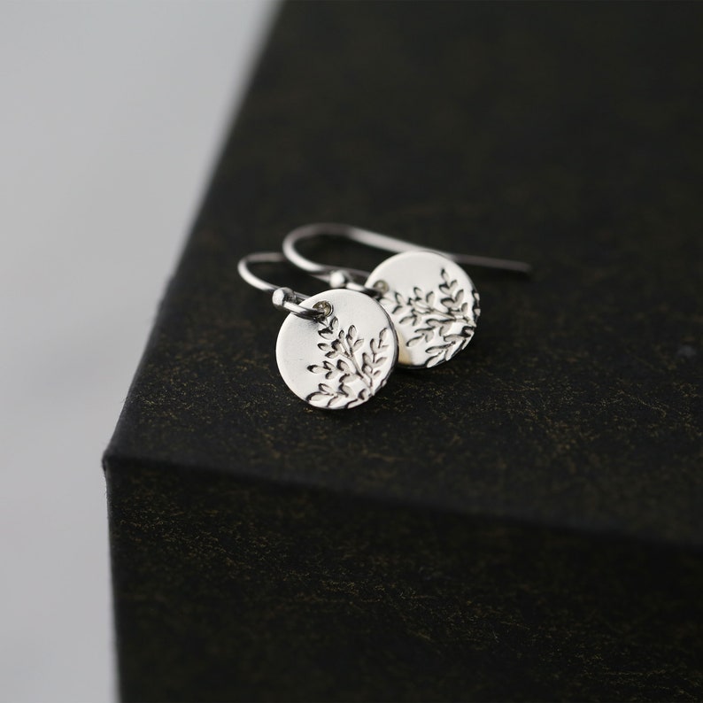 Tiny Hand Stamped Wildflower Silver Earrings Dainty Minimalist Nature Dangle Disc Leaf Earrings Handmade Jewelry by Burnish image 5
