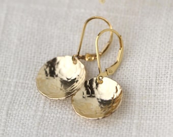 Hammered 14K Gold Filled Domed Disc Leverback Earrings • Simple Lightweight Everyday Jewelry