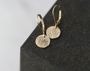 Handmade Gold Filled Drop Earrings: Hammered Rain Texture Disc Dangle Leverback Earrings