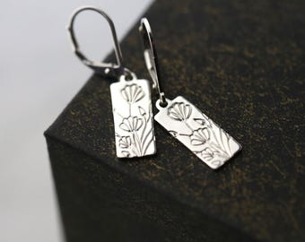 Hand Stamped Floral Earrings in Sterling Silver • Small Dainty Flowers Leaf Minimalist Nature Dangle Silver Earrings • Jewelry by Burnish
