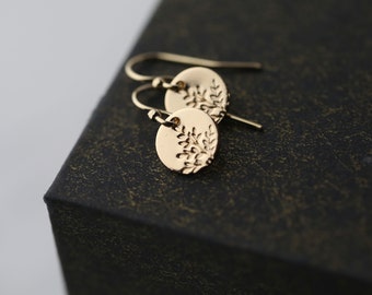 Tiny Hand Stamped Wildflower Gold Earrings • Dainty Minimalist Leaf Dangle Disc Earrings • Handmade Gold Filled Jewelry by Burnish